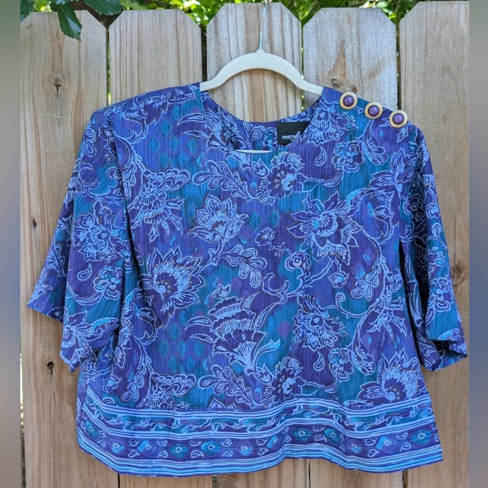 Vintage 80s Positive Attitude Indigo Teal Cropped Blouse